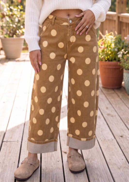 BROWN POLKA DOT CUFFED JEANS