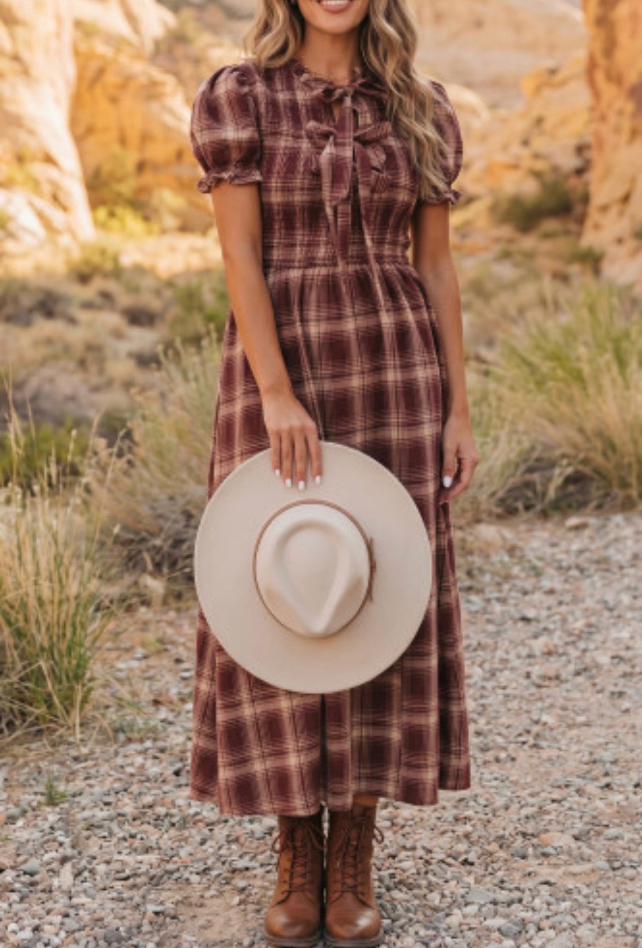 VINTAGE PLAID KNOT FRONT MIDI DRESS